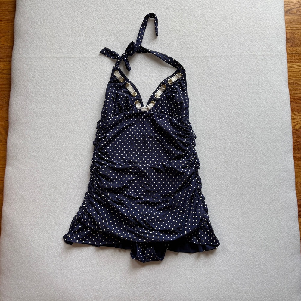 Betsey Johnson Navy Polka Dot Halter Swim Dress Ruched One Piece Medium Pinup